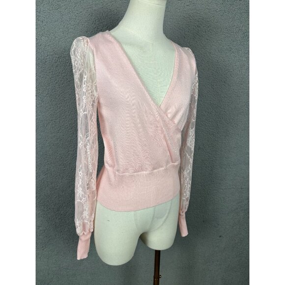 Madden Girl Juniors' Surplice-Neck Lace-Sleeve Sweater Extra Small Pink NWT's - Picture 2 of 8